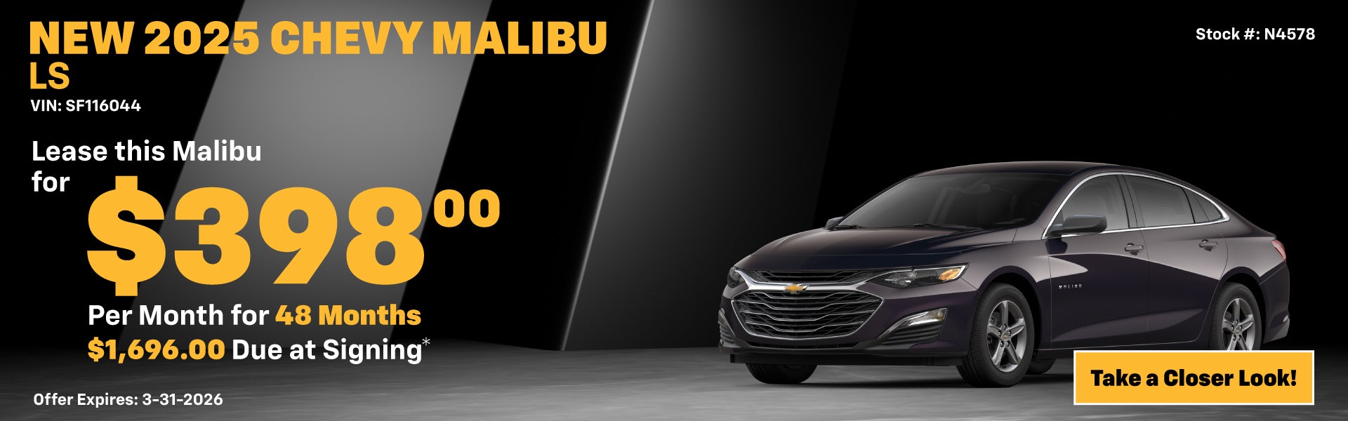 Lease $398.00 per mo./ 48 mos. $1,696.00 due at signing