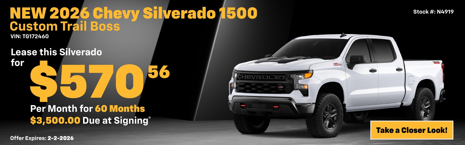 2026 Chevrolet Silverado 1500 Custom Trail Boss Lease Special: $570 per month