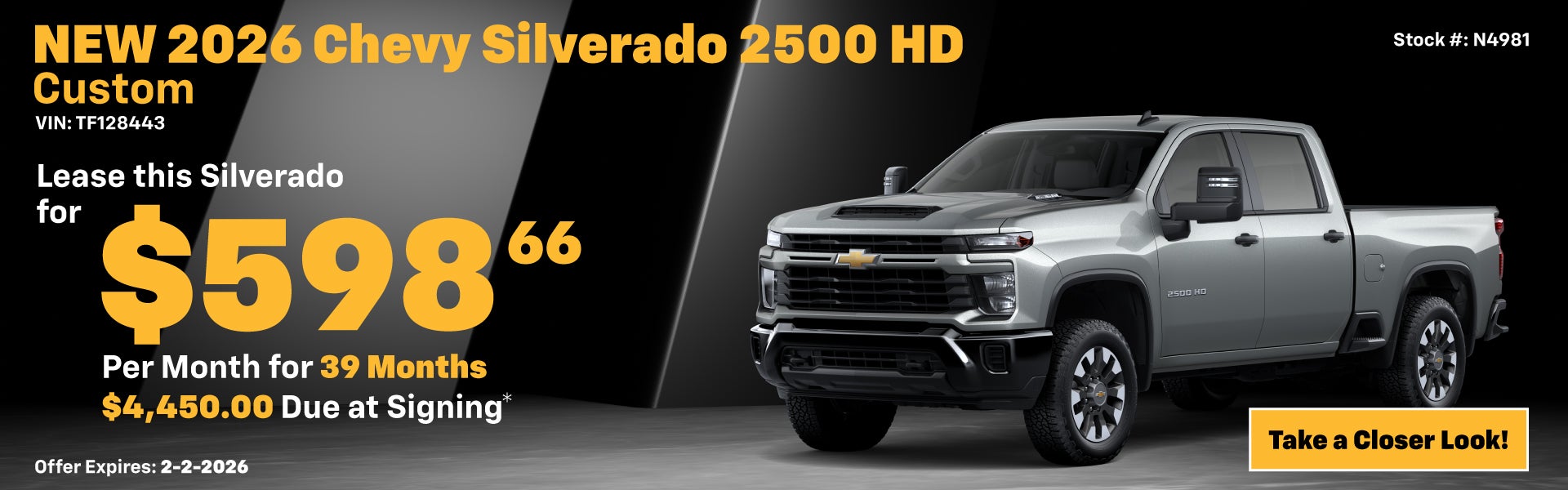 2026 Chevrolet Silverado 2500 HD Custom Lease Special: $598 per month