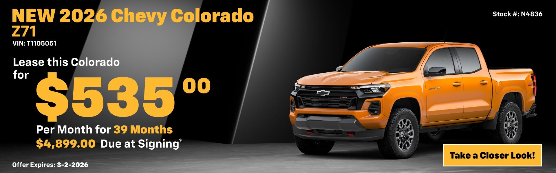 2026 Chevrolet Colorado Z71 Lease Special: $535 per month